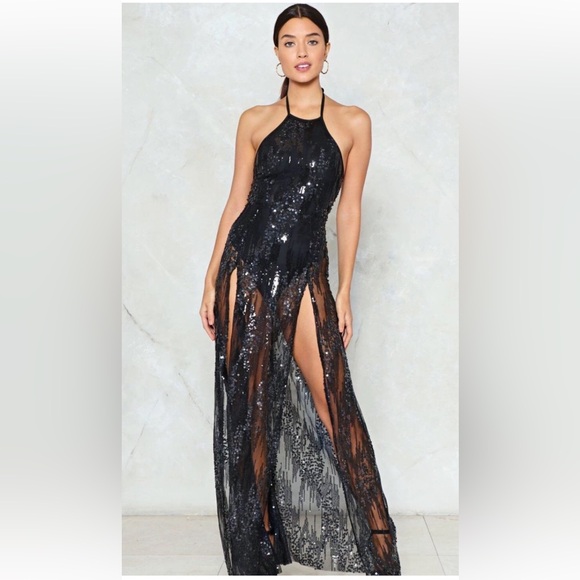 NaaNaa Nasty Gal Sequin Body Maxi Double Split Thigh Dress Size US 0-2 - Picture 1 of 5